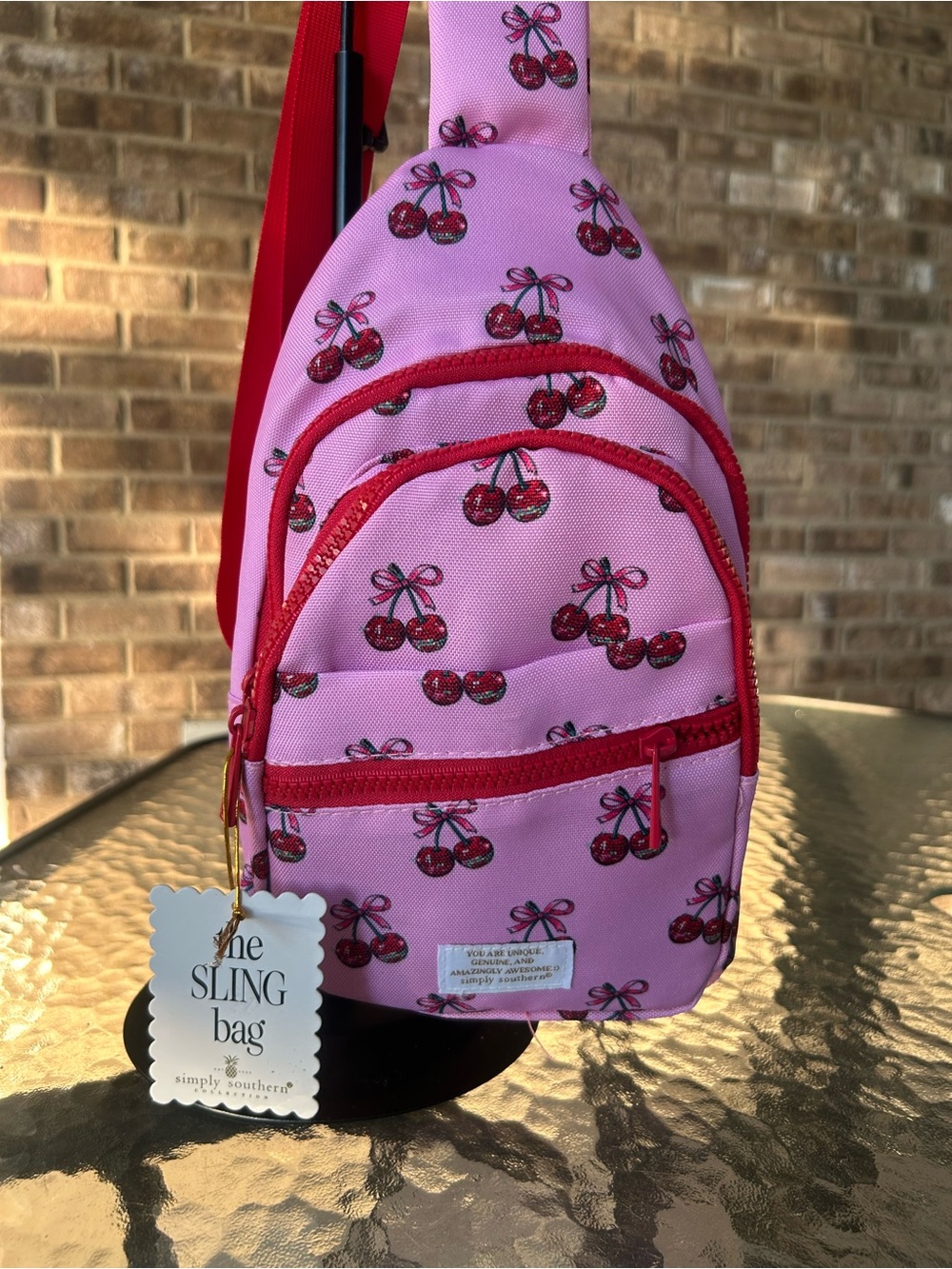 Simply Southern Pink Cherry Glitter Bow Sling Bag Backpack